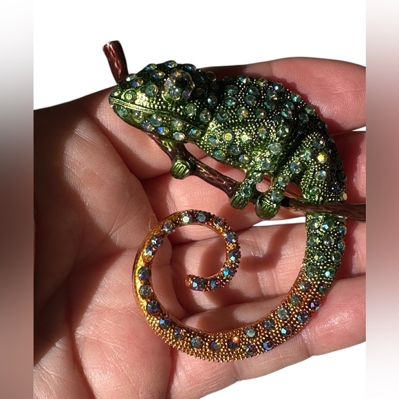Beautiful lg metal chameleon brooch/pin w rhinestones statement piece sparkly - Picture 5 of 8